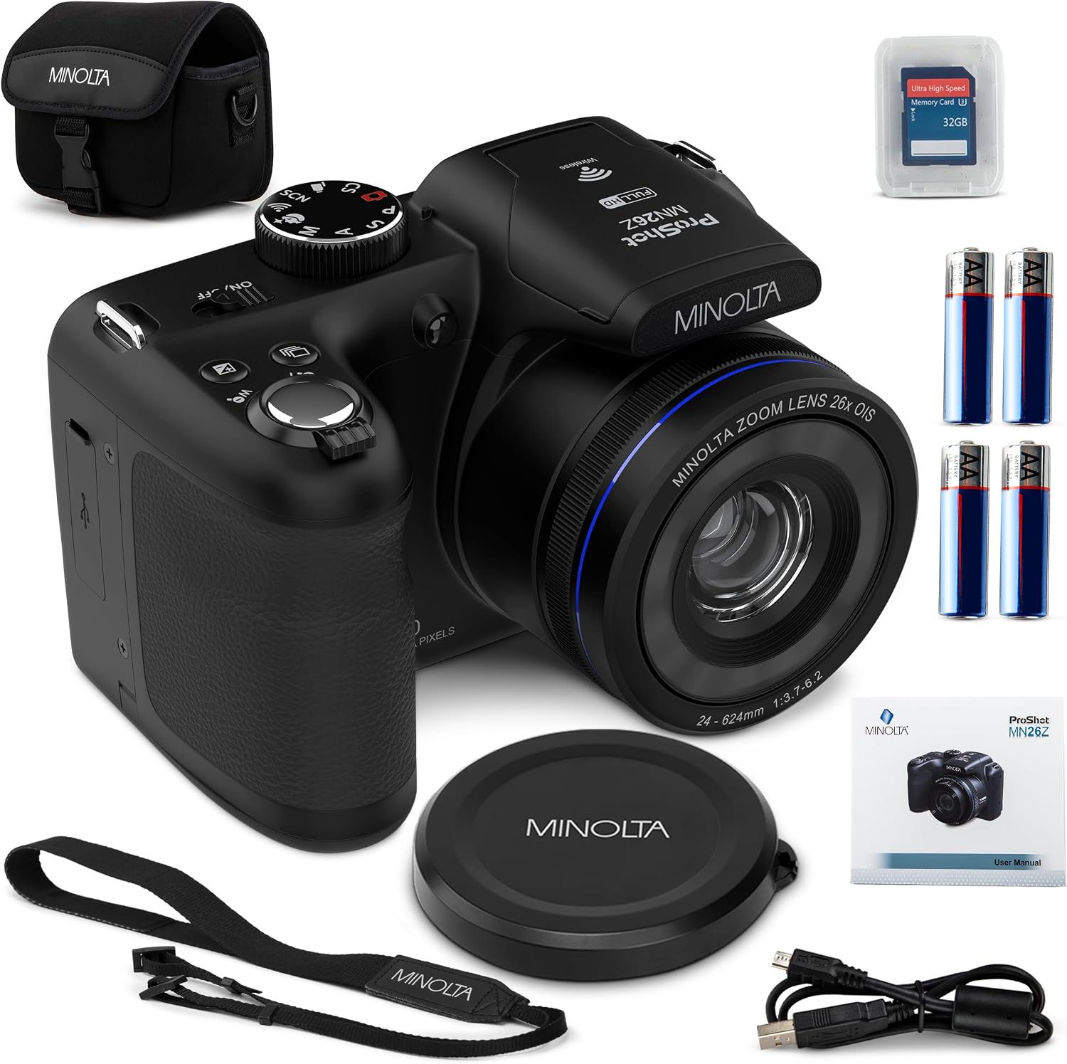 Minolta ProShot 20MP Camera – 26x Optical Zoom Lens, 1080p HD Video, WiFi, 3-inch LCD Screen, Image Stabilization, Face Detection, Scene Modes, Compact Point & Shoot, 32GB Card (Black)