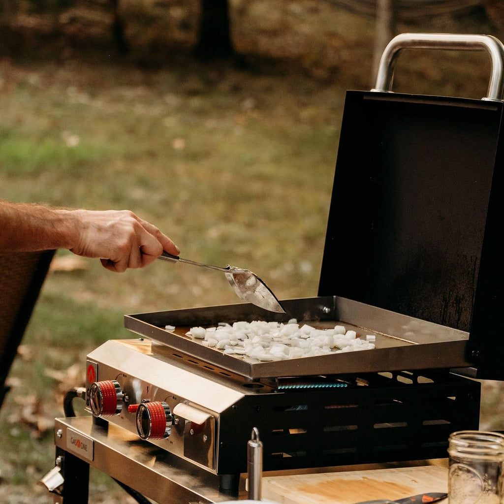 GasOne Flat Top Gas Grill with Lid – Auto Ignition Propane – Premium Stainless Steel Body Tabletop with Pre Season Griddle – Oil Drip Tray – for RV, Camping