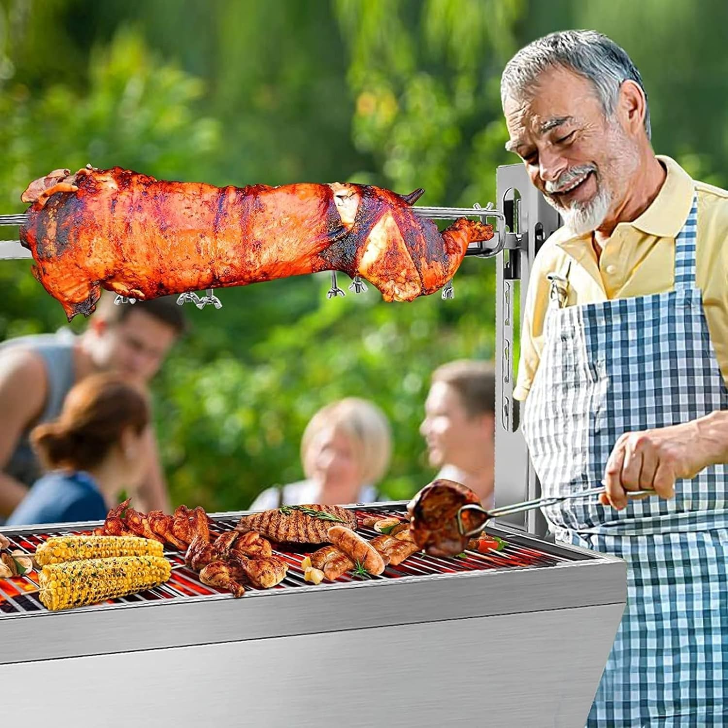 Stainless Steel Rotisserie Grill without Back Cover Guard, 132Lbs Capacity 25W Motor Small Pig Lamb Rotisserie Roaster, 37 Inch BBQ Charcoal Rotisserie Grill for Camping Outdoor