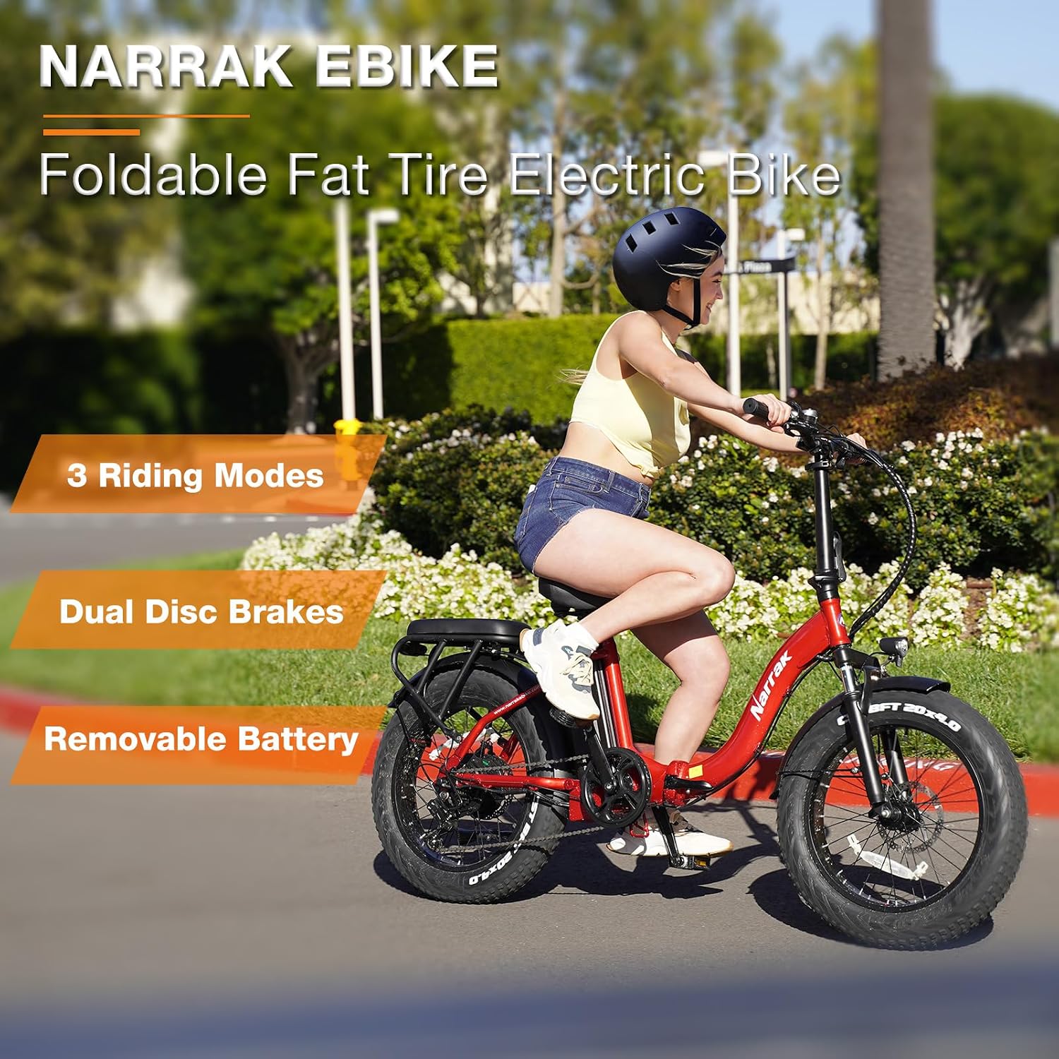 NARRAK Fat Tire Folding Electric Bike, 48V & 624Wh Lithium Removable Battery, Peak 1100W Brushless Motor, Max Speed 20Mph, M5 Large LCD Display, Suspension, Step-Over/Thru Frame
