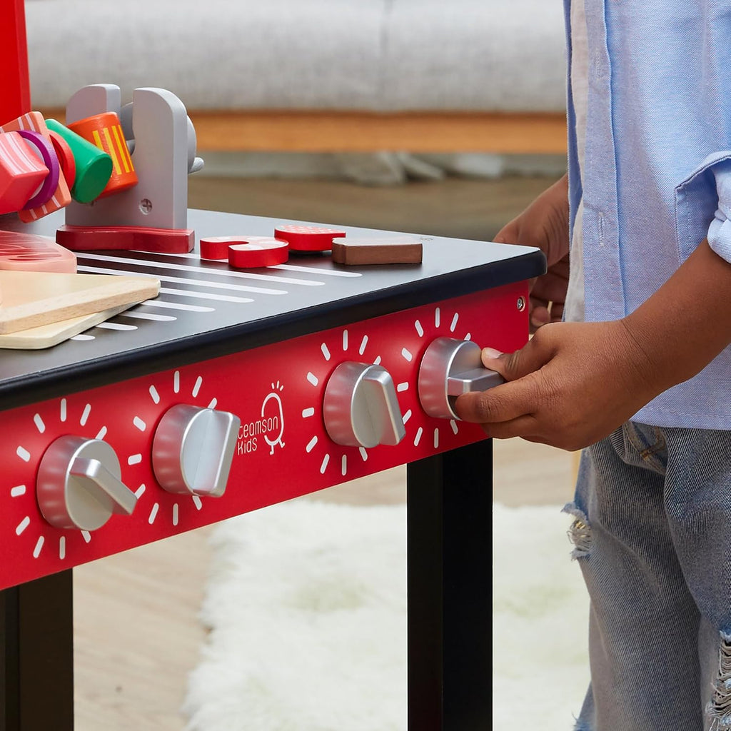 Teamson Kids Little Helper Backyard BBQ Grill Playset 25 Play Cooking Accessories, Pretend Play Kids Kitchen Preschool Playset, Red/Black