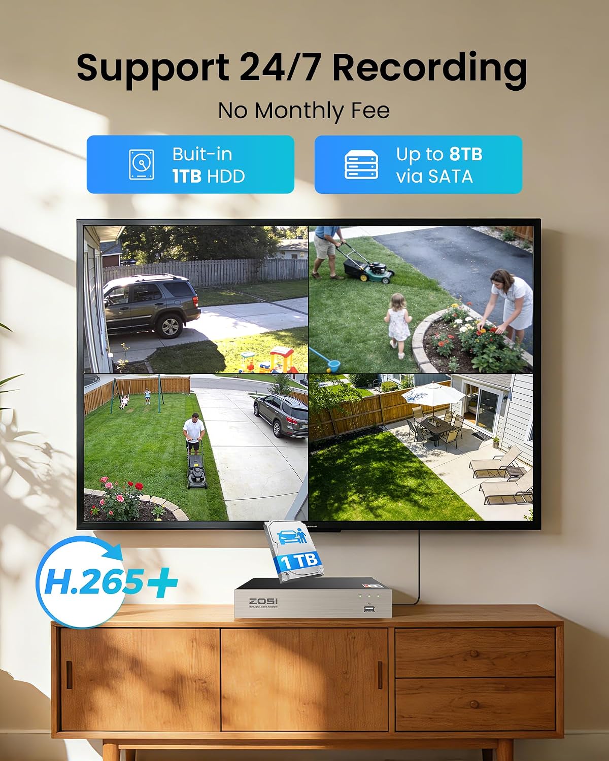 ZOSI H.265+ 8CH 5MP Lite DVR Security Camera System with 1TB Hard Drive, 80ft Night Vision, Instant Alerts, Free App for Remote Access, 1080p