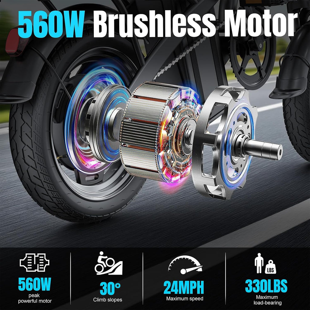 Electric Bike for Adults and Teens, 560W Motor 24MPH Compact Commuter Ebike, 32 Miles Range, 48V 10Ah Battery, 3 Shock Absorbers, 14' Mini Foldable Electric Bicycles with Basket, UL 2849 Certified