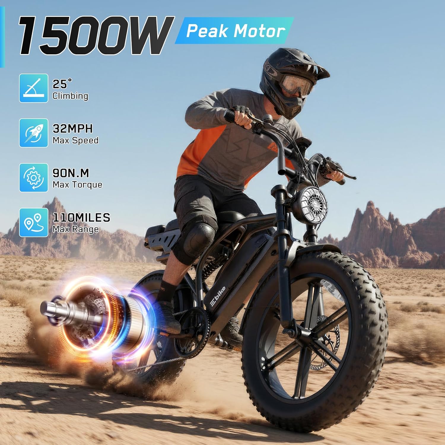 TST Electric Bike for Adults, 1500W Peak Motor 60/100 Miles Fat Tire Ebike with 48V 15Ah/25Ah Removable Battery 20' Fat Tire Electric Dirt Bike Full Suspension and 7-Speed