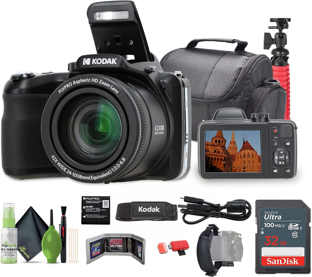 Kodak PIXPRO AZ425 20MP Vlogging Digital Camera (Black) 42X Optical Zoom, 24mm Wide Angle Lens Bundle with 32GB Memory Card + Vlogger Tripod + Bag + More Vlog Accessories