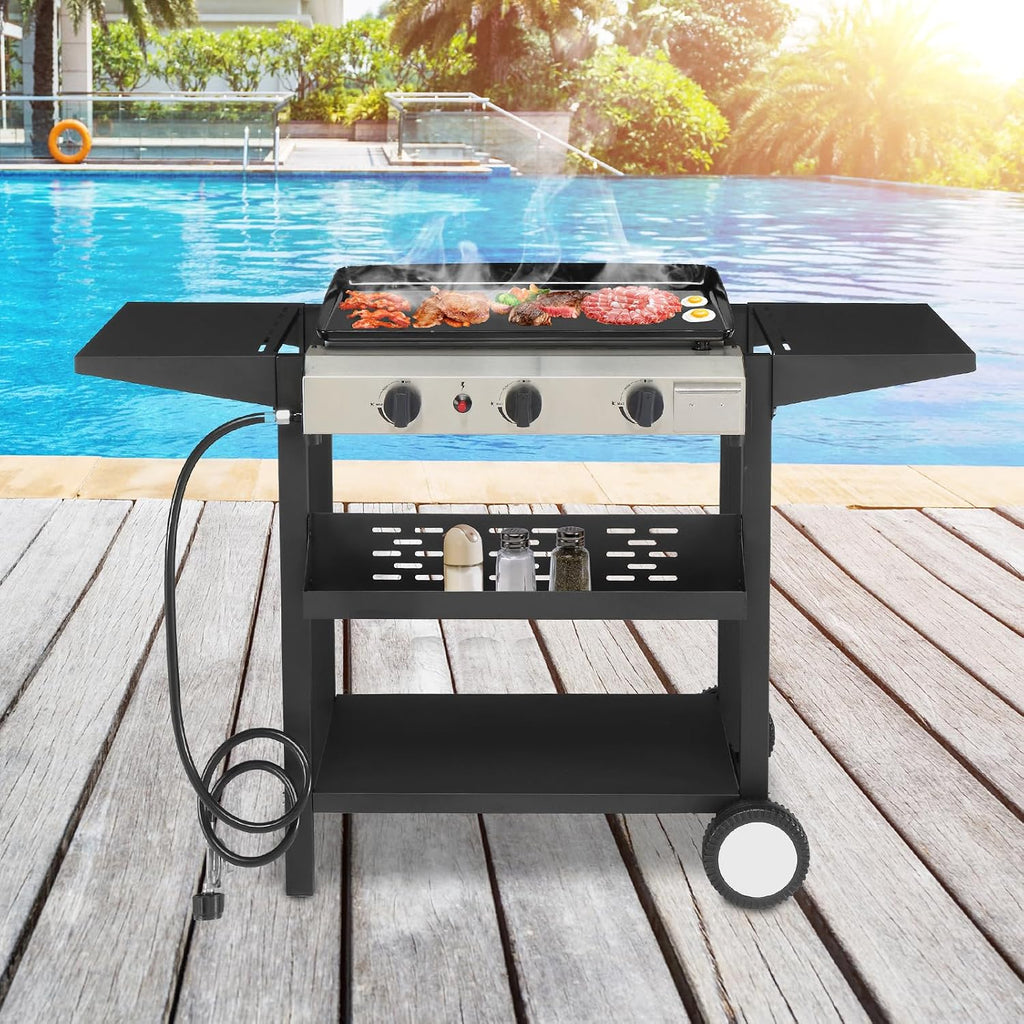 Outvita 3 Burner Propane Griddle, 23.3' Outdoor Flat Top Gas Grill with Side Shelves for Camping BBQ