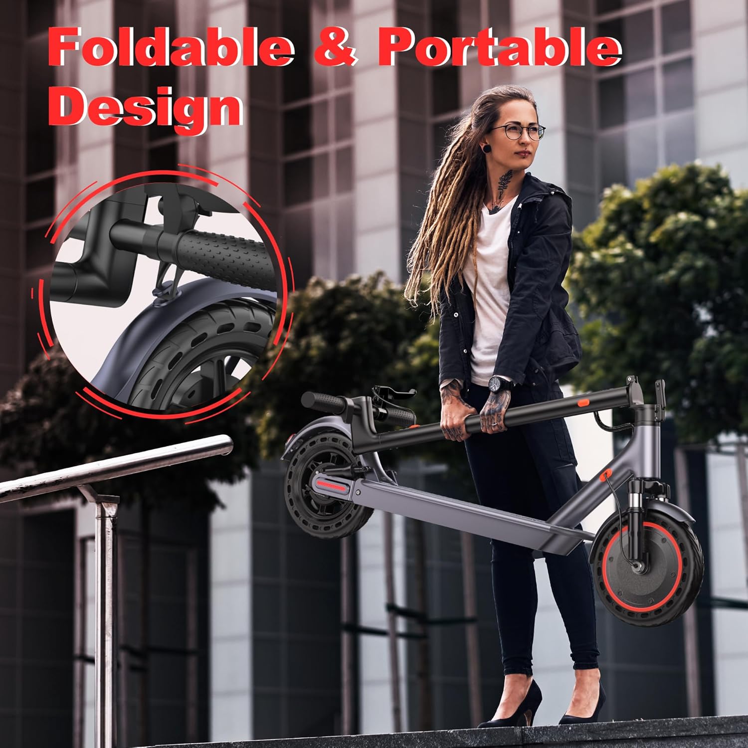 Maxshot Electric Scooter, 8.5' /10' /14' Tire, 16/19/22 Mph Top Speed, 12/16/21/27/28/49/50 Miles Long Range, Folding Escooter for Adults and Kids with Seat Bag, Dual Braking, Dual Suspension, App