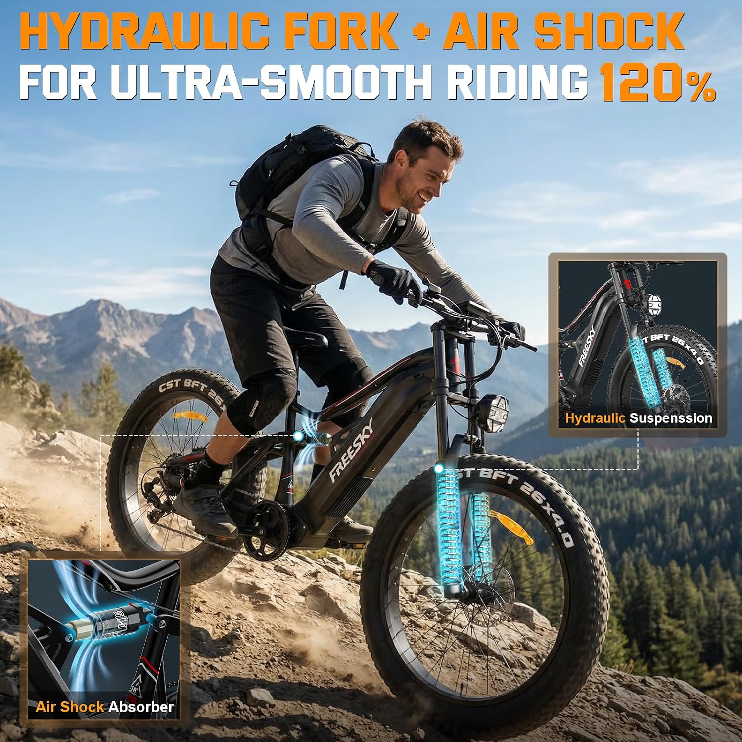FREESKY 3500W BAFANG Motor Electric Bike for Adults, 48V 35Ah Samsung Cells Battery Ebike 140 Miles, 38+MPH, 26' Fat Tire Dirt All-Terrain Mountain E Bike, Full Suspension, UL 2849 Certified by TÜV