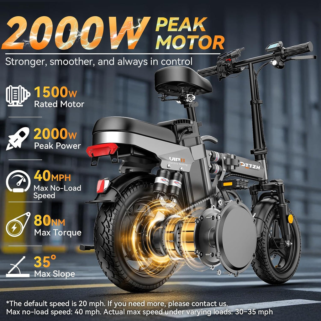 DTTZH Foldable Ebike with Keyless Ignore, 1000/2000W, 40/28MPH, 52V 25Ah/48V 15Ah, Max 60-80 Miles Range Folding Electric Bike, 14' Commuter Adult Electric Bicycle, UL2849 Certified E Bike