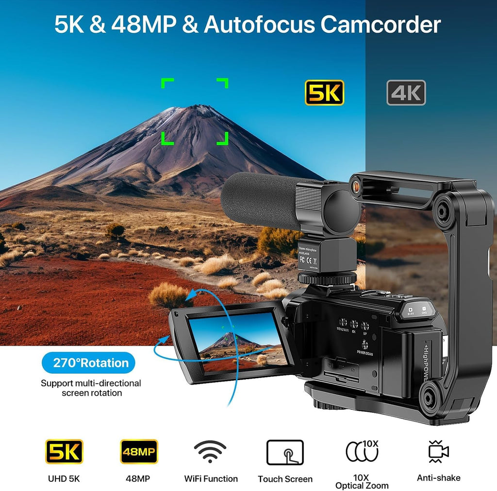FJFJOPK 5K Video Camera Camcorder, 10X Optical Zoom 48MP UHD 30FPS Vlogging Camera for YouTube, Photography Recorder Camera with 270° 3' Rotation Screen, Microphone, Stabilizer, Remote Control