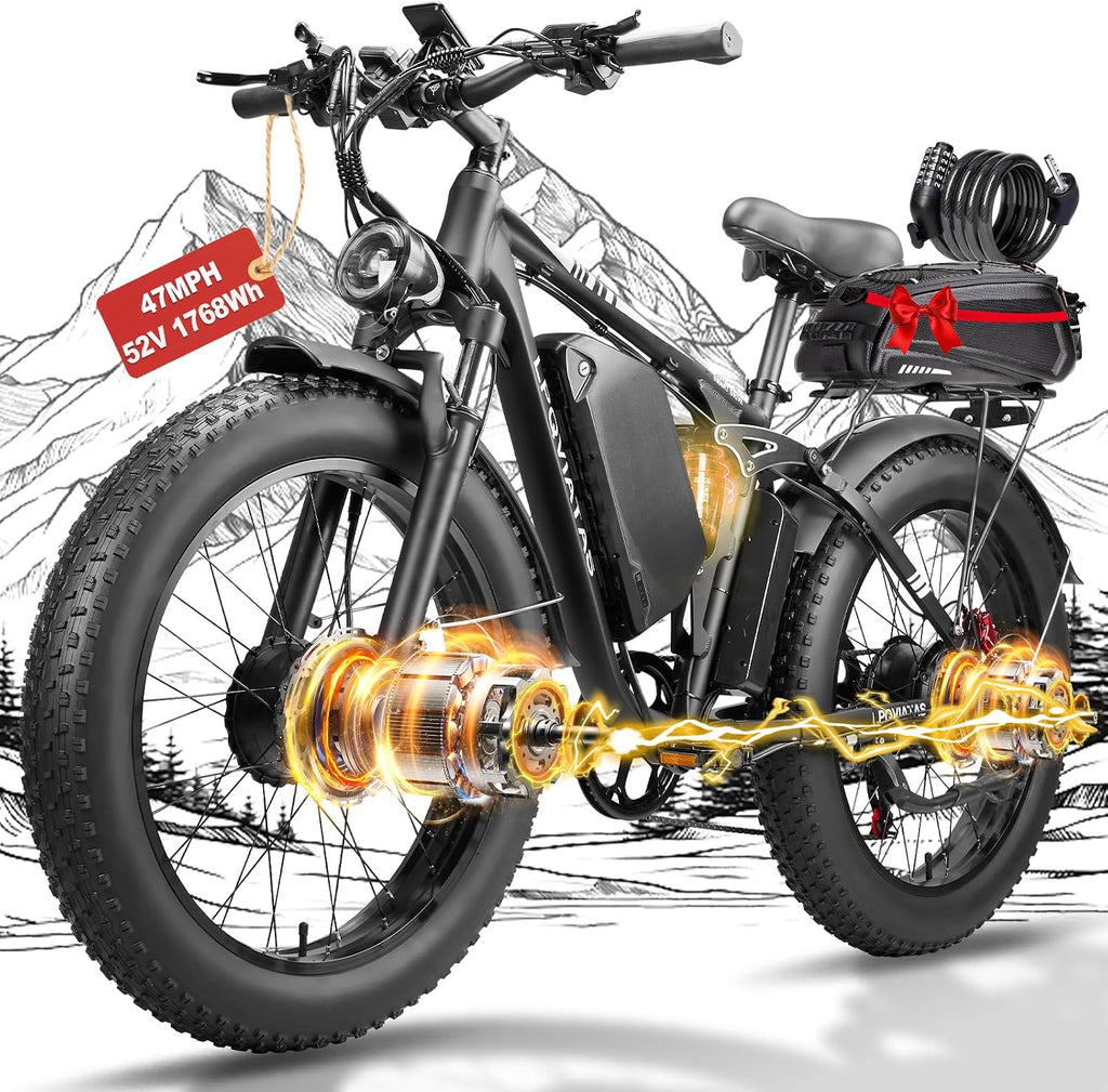 9000W-Peak-Dual-Motor-Ebike for Adults with 52V 34Ah 1768Wh Battery, 42-46MPH Full Suspension Electric Bike, 24'*4.0' Men Adult Fat Tire Mountain Snow Sand AWD Electric Bicycle Commuter