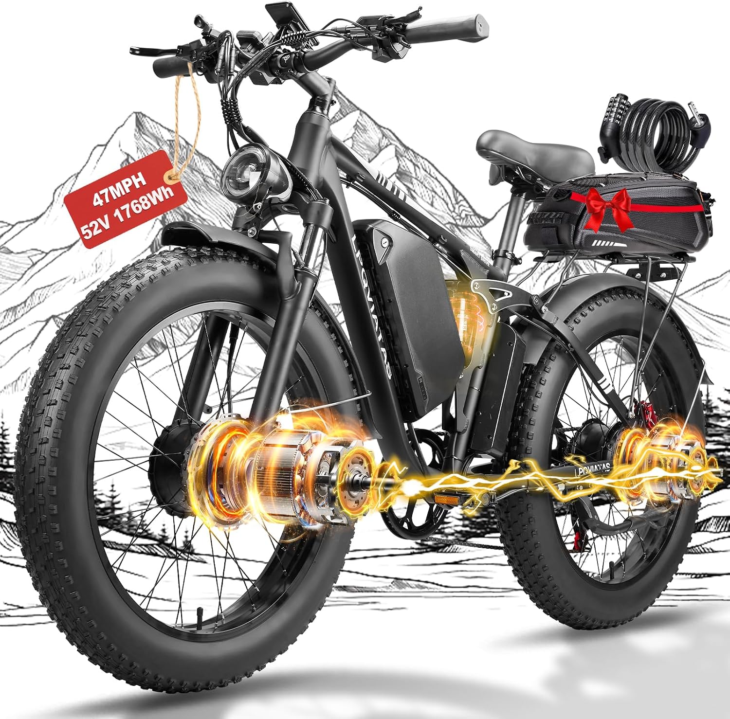 9000W-Peak-Dual-Motor-Ebike for Adults with 52V 34Ah 1768Wh Battery, 42-46MPH Full Suspension Electric Bike, 24'*4.0' Men Adult Fat Tire Mountain Snow Sand AWD Electric Bicycle Commuter