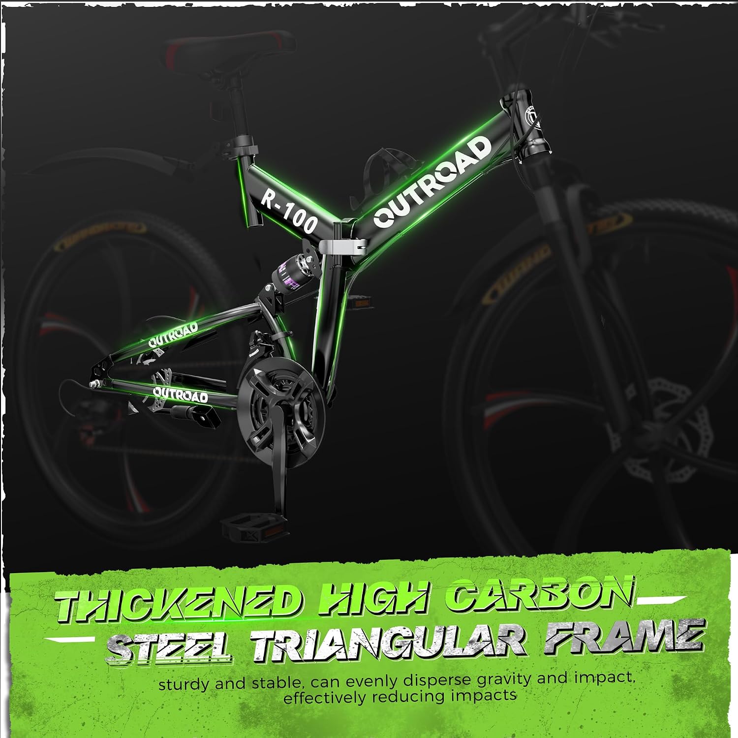 26 Inch Adult Folding Bikes/Mountain Bikes, 21 Speeds Mountain Bicycles with Full Suspension, Dual Disc Brake, High Carbon Steel Frame, Foldable Bike for Men/Women/Teen, HM-Black