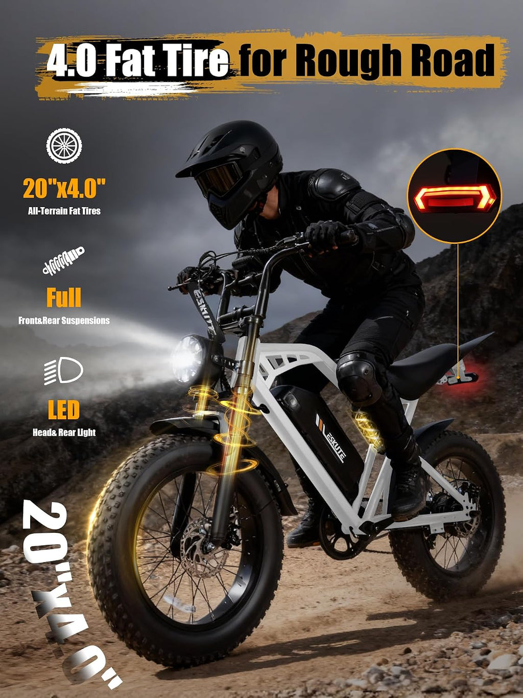 ESKUTE V200 Electric Dirt Bike for Adults,52V20.8Ah Battery,20' x4.0 Fat Tire,32MPH,NFC Unlock Color Display,7-Speed Dual Suspension,Dirt E-Bike,80 Miles, Streamlined Frame, E-Bike for Youth & Adults