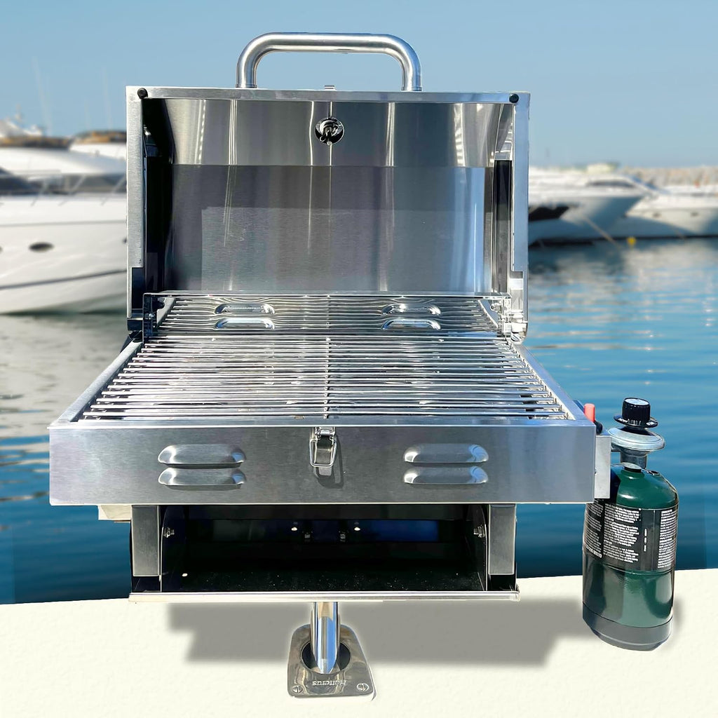 Bunker Up Fishin Stainless Steel Boat Grill with Rod Holder Mount - Great for Boating Marine and Camping - Portable BBQ Grill | Tabletop Grill, 12000 BTU Burner, 246 sq.in Grilling Space