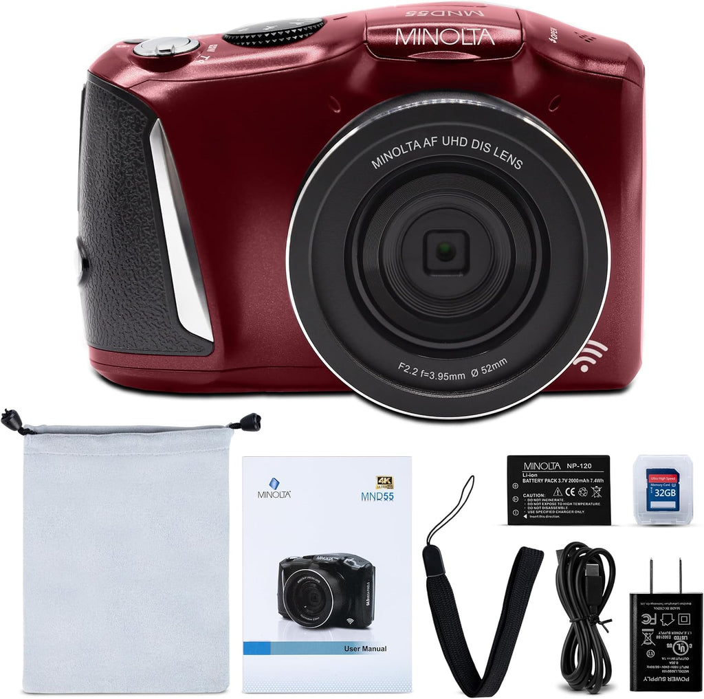 Minolta 64MP Digital Camera – 4K Ultra HD Video at 60FPS, 16x Digital Zoom, WiFi, CMOS Sensor, 3-inch LCD Display, Auto Exposure - Includes 32GB Memory Card, Rechargeable Battery (Red)