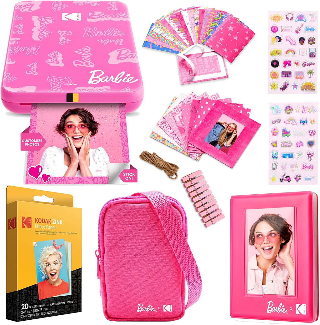 Kodak x Barbie Step Slim Wireless Instant Portable Photo Mobile Printer Gift Bundle (Signature Style)+ Barbie Camera Case, Photo Album, Sticker & Hanging Frames, 50 Stickers + Zink Paper (20 Sheets)