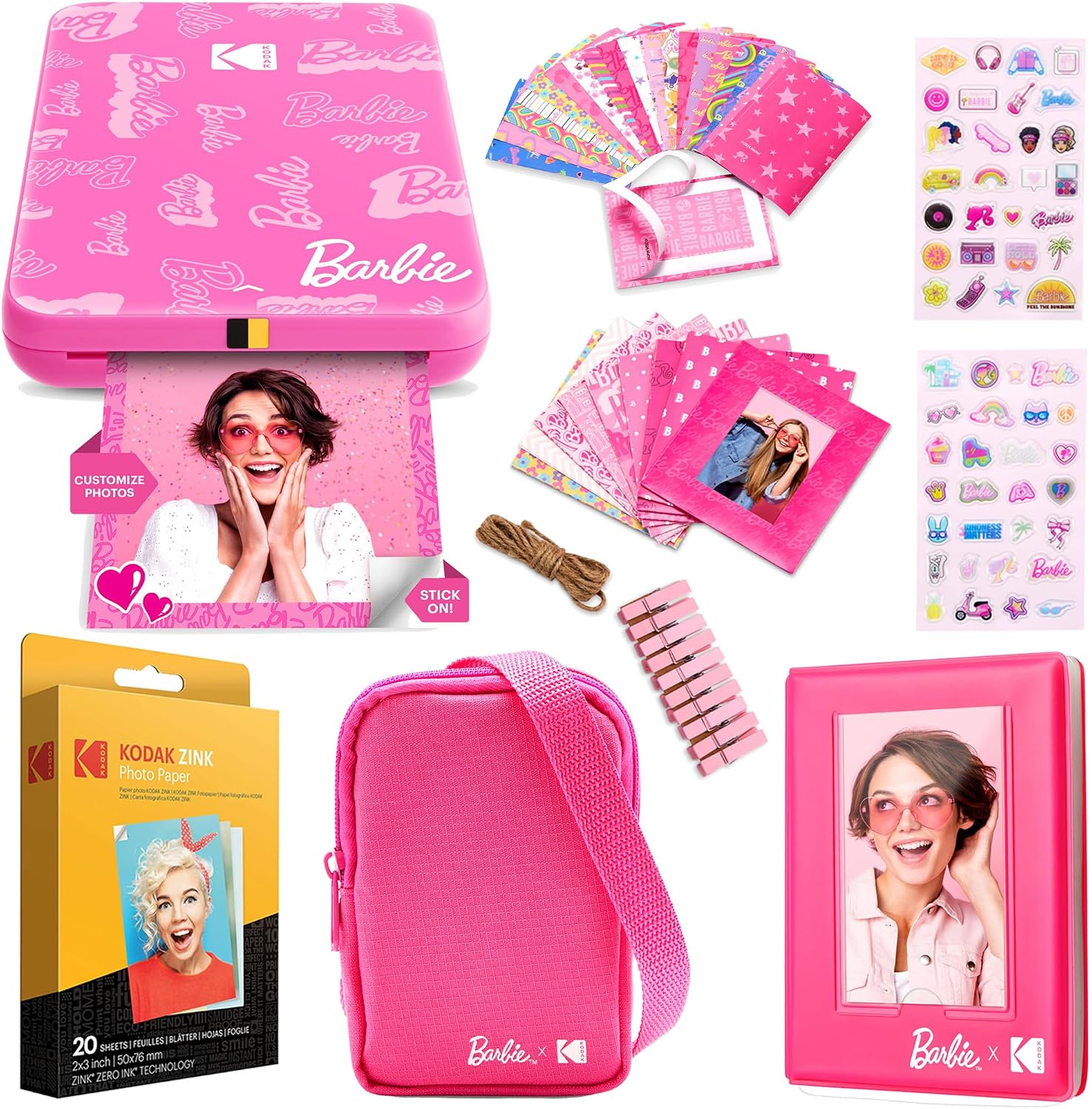 Kodak x Barbie Step Slim Wireless Instant Portable Photo Mobile Printer Gift Bundle (Signature Style)+ Barbie Camera Case, Photo Album, Sticker & Hanging Frames, 50 Stickers + Zink Paper (20 Sheets)