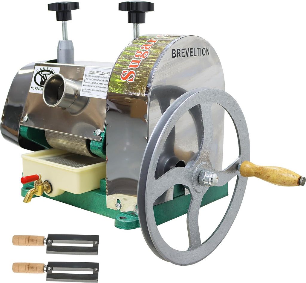 Manual Sugar Cane Press Juicer Machine, 3 Rolls Stainless Steel Sugarcane Crusher Grinder, W/2 Peeling Knives and Wooden Handle, for Sugarcane Ginger Sweet Sorghum