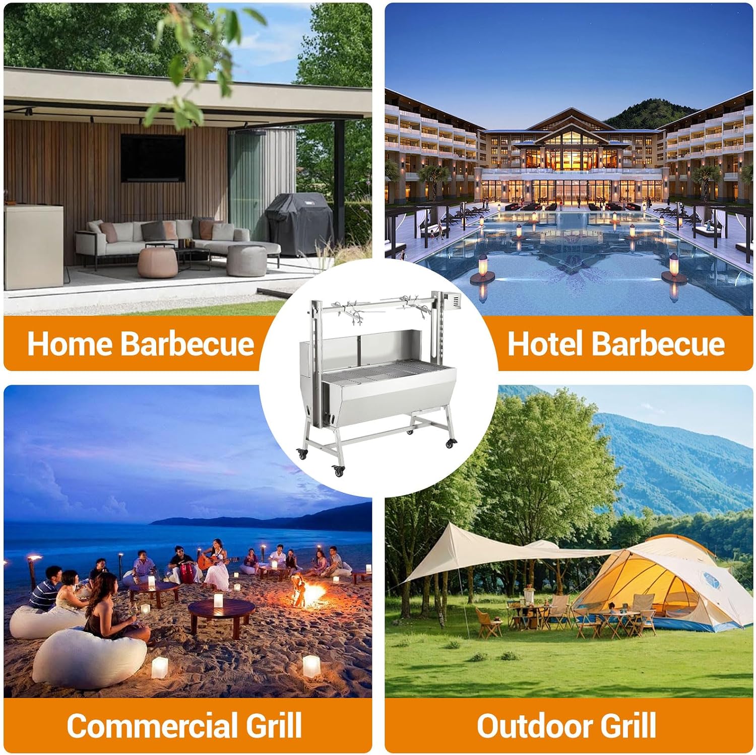 Stainless Steel Automatic Rotisserie Grill with Wind Screen, 37in 132LB Capacity Electric BBQ Pig Lamb Rotisserie Roaster 50W Motor, Charcoal Spit Roaster Grill for Outdoor Kitchen, Camping