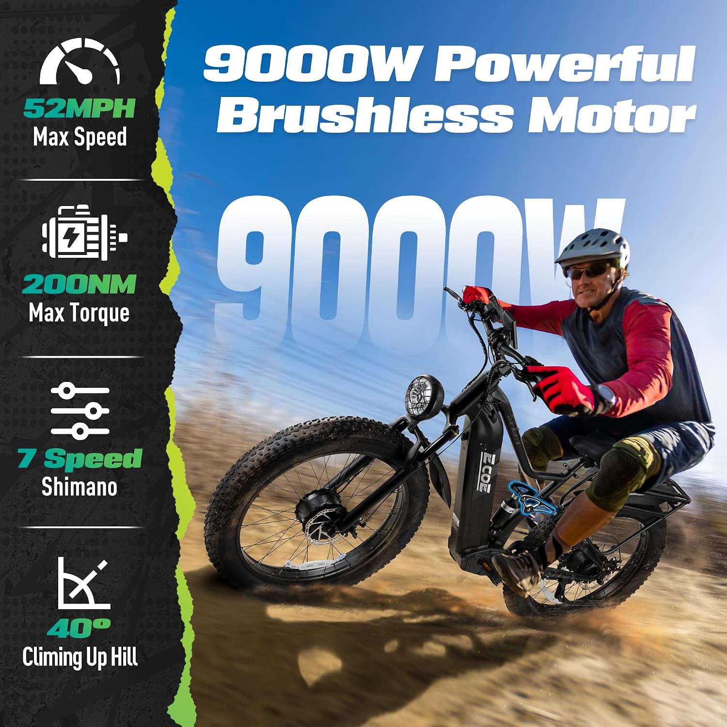 EcoE 7000/9000W Dual Motor Electric Bike for Adults 52MPH Charge Voltage 63 V32A, 26x4 Fat Tire All Terrain Ebikes, Full Suspension E Bike, SHM 7-Speed Gear Electric Bicycle