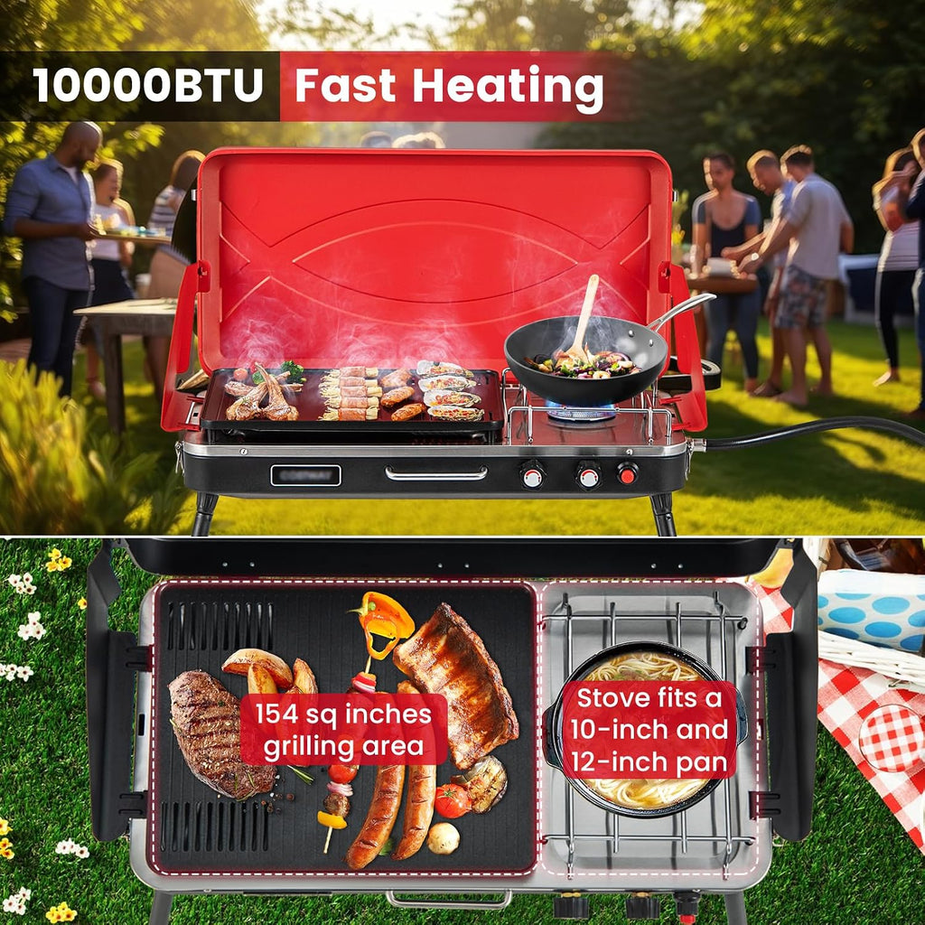 HAPPYGRILL Portable Camping Stove, 2-Burner Propane Grill Cooker with Removable Leg Stand, Roast Grill, Dual Control Knobs, Wind Guards, Outdoor Gas Grill for Camping BBQ Picnic, Red