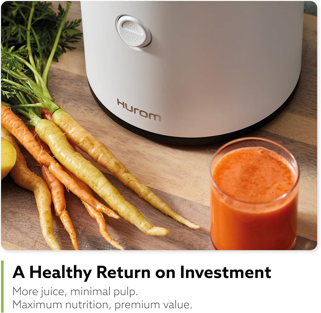 Hurom H320N Cold Press Juicer Machine, Easy to Clean Masticating Slow Juicer, Coarse Strainers, Self-Feeding, Hands Free, Family Size, Quiet Motor, Easy Assembly (White)