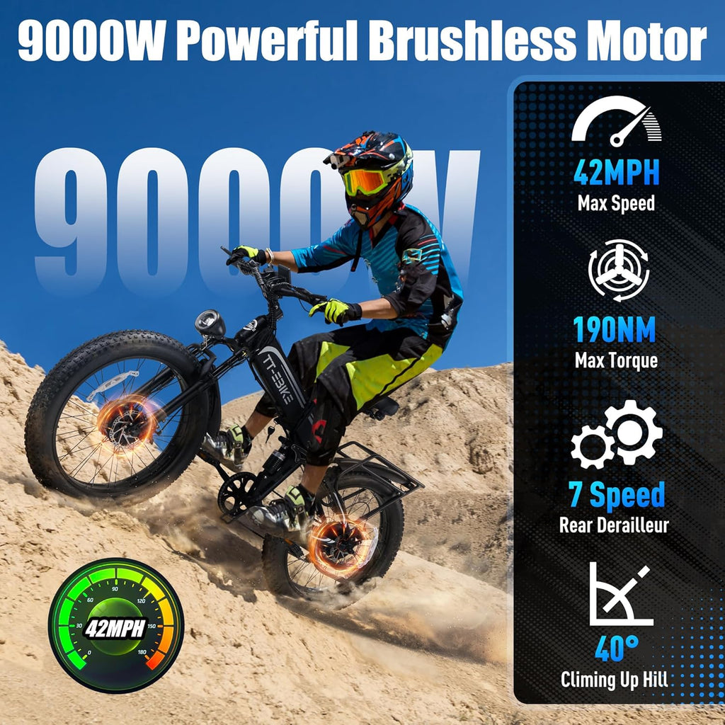 9000W Dual Motor Electric Bike for Adults 42MPH with 60V30A, 26x4 Fat Tire All Terrain Ebikes, Full Suspension E Bike, SHM 7-Speed Gear Electric Bicycle ebike-9000w (9000W60V30A 42MPH)