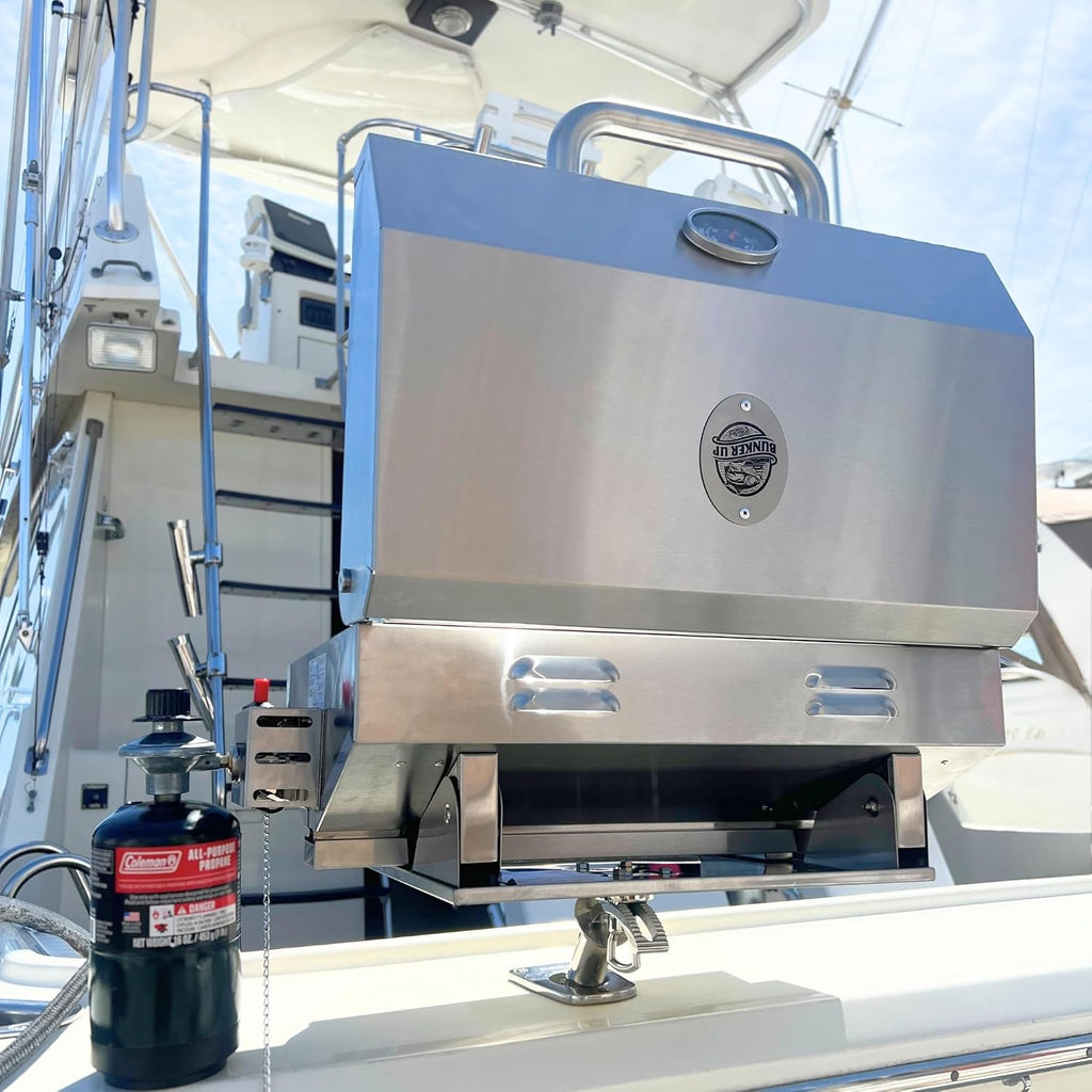 Bunker Up Fishin Stainless Steel Boat Grill with Rod Holder Mount - Great for Boating Marine and Camping - Portable BBQ Grill | Tabletop Grill, 12000 BTU Burner, 246 sq.in Grilling Space