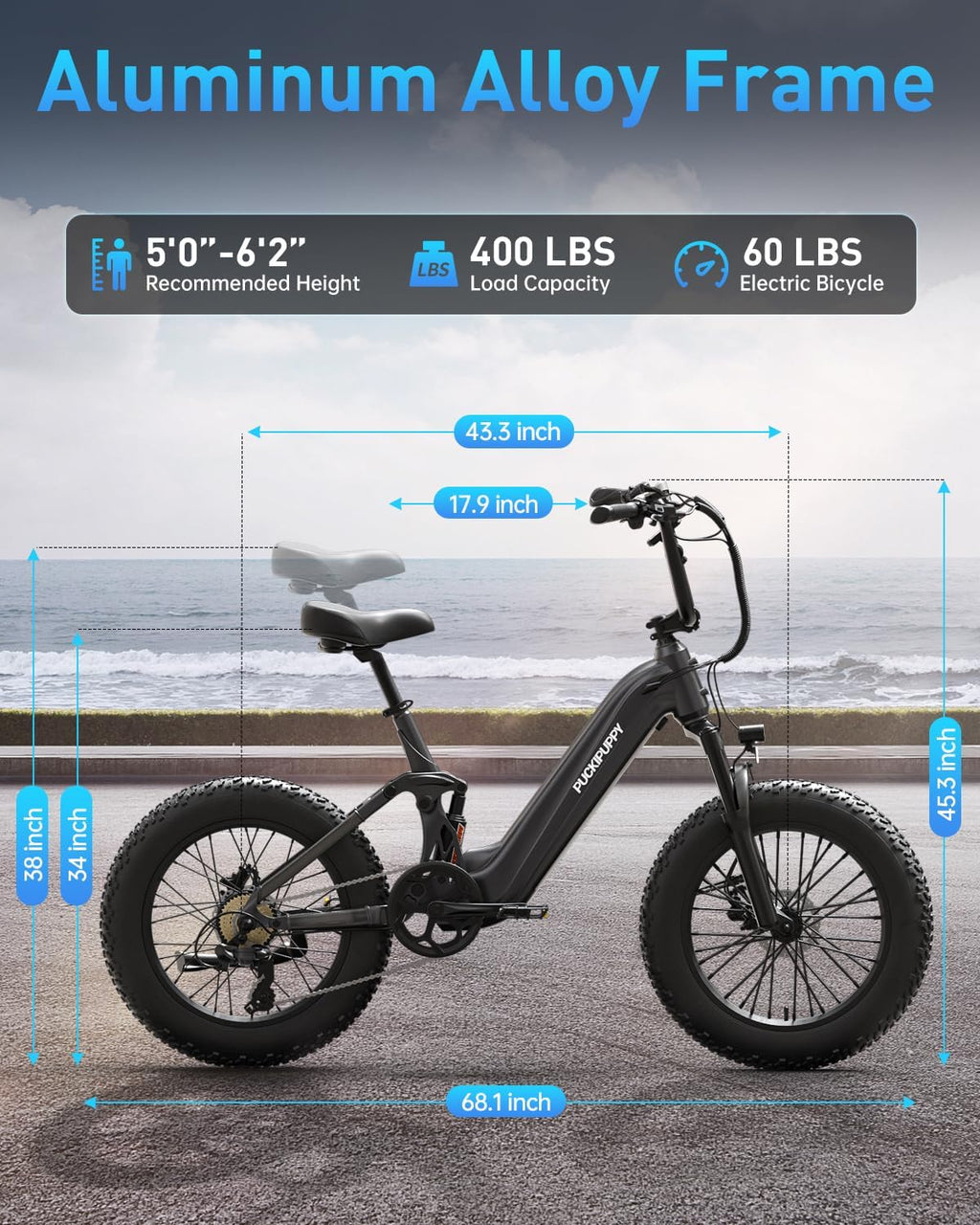 PUCKIPUPPY Electric Bike Mountain Ebike 20'' Fat Tire 7 Speed for Adults | 960W, 48V 20Ah Battery, Full Suspension, 28MPH, 80Miles Range, LCD Display