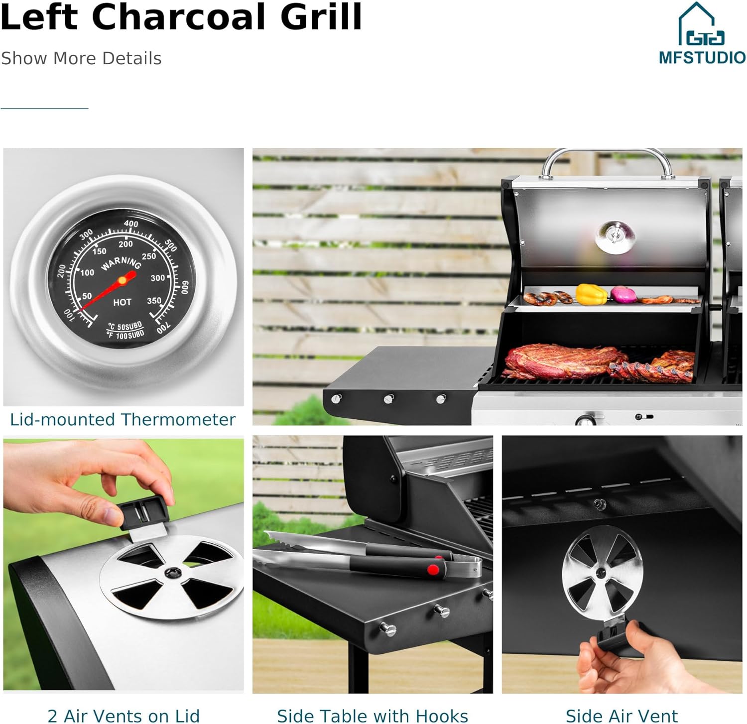 MFSTUDIO 3 In 1 Gas and Charcoal Grill Combo with Side Burner, Porcelain-Enameled Cast Iron Grate, Extra Large Dual-Function BBQ Propane Grills for Outdoor Barbecue Cooking, 690 SQIN Cooking Area
