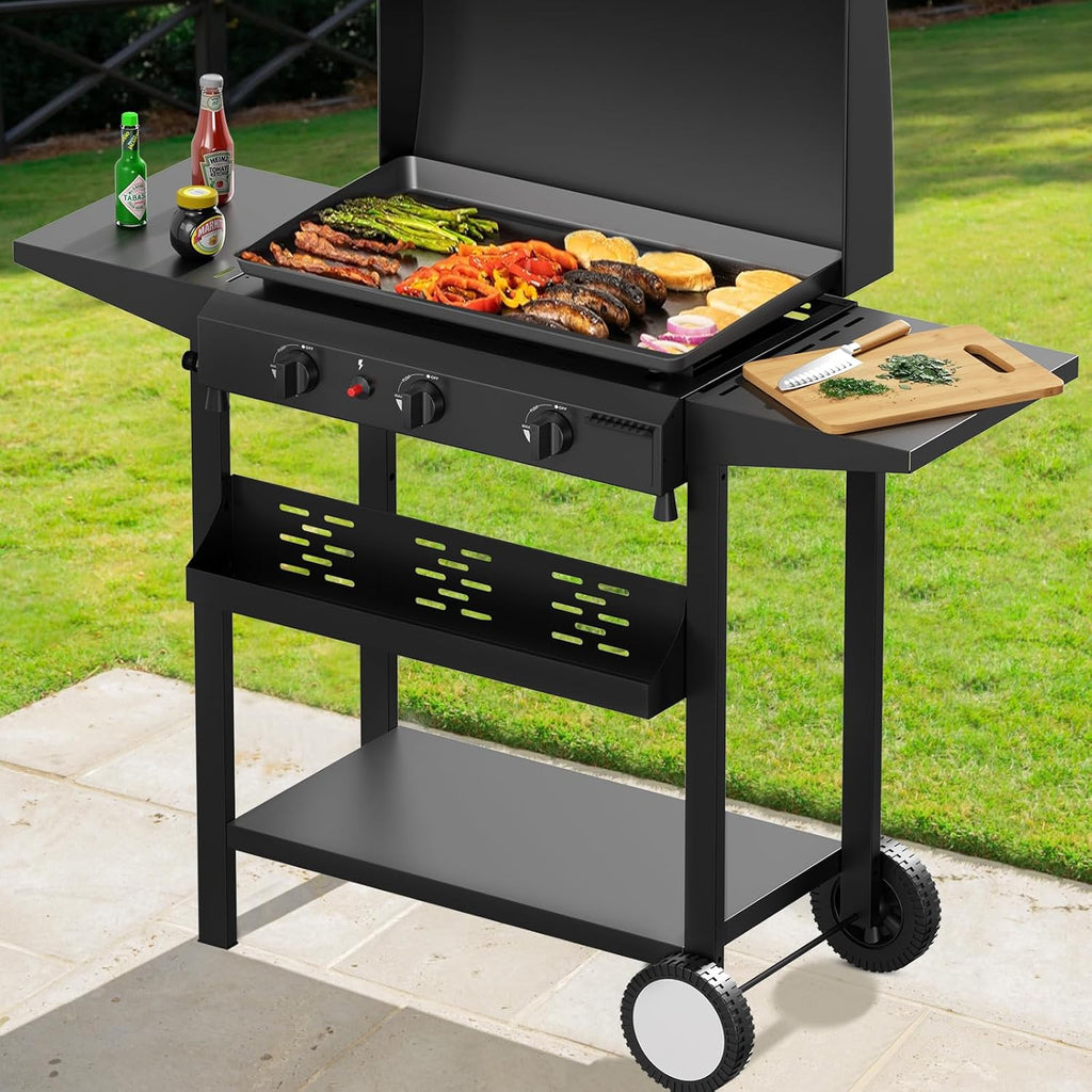 SKOK 3 Burner Gas Griddle With Hood-25.6 Inch Outdoor Propane Griddle-Portable Flat Top Gas Grill Camping Griddle Station with Side Shelves for Kitchen, BBQ, Camping Tailgating