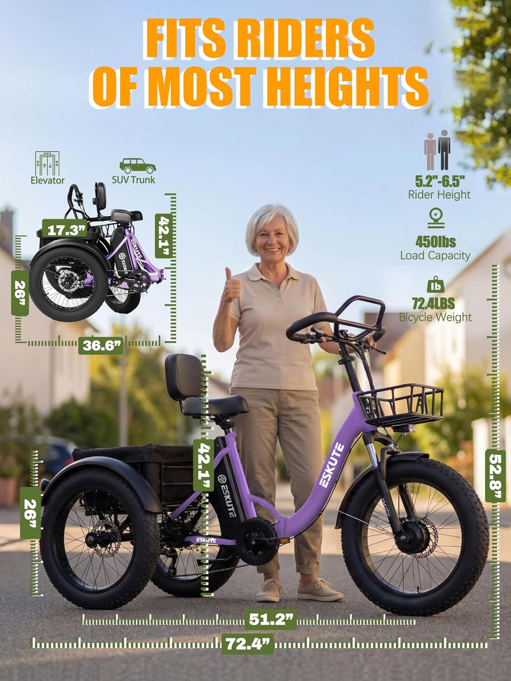 ESKUTE T300 Pro Electric Trike for Adults, 998.4Wh Long-Range Battery, 1200W Peak Motor, 20'x4.0' Fat Tires, Foldable 3-Wheel Butterfly Handlebar E-Bike with Storage Bags