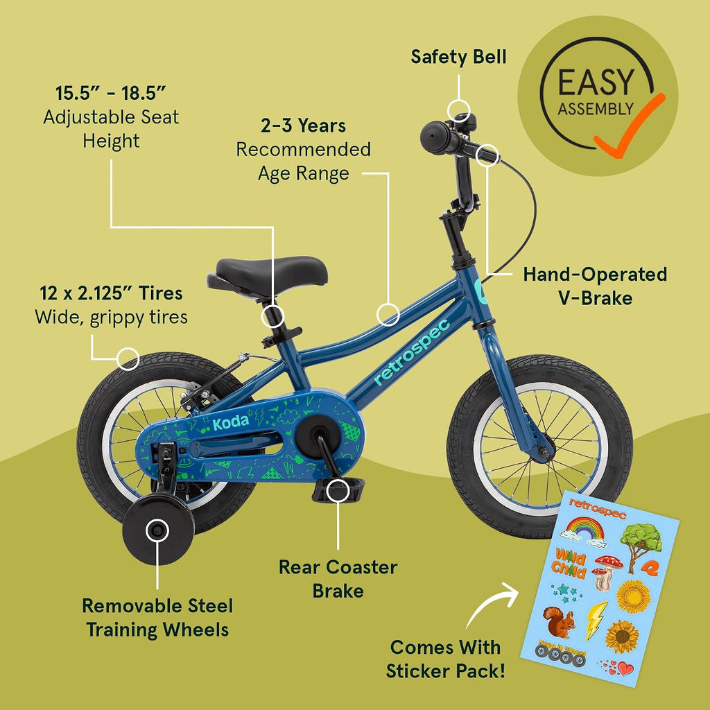 Retrospec Koda Plus Kids Bike for Boys & Girls Ages 2-3 Years - Children's Bicycle, Adjustable Seat & Handlebars, Removable Training Wheels, Front Hand Brakes, Rear Coaster Brake & Safety Bell