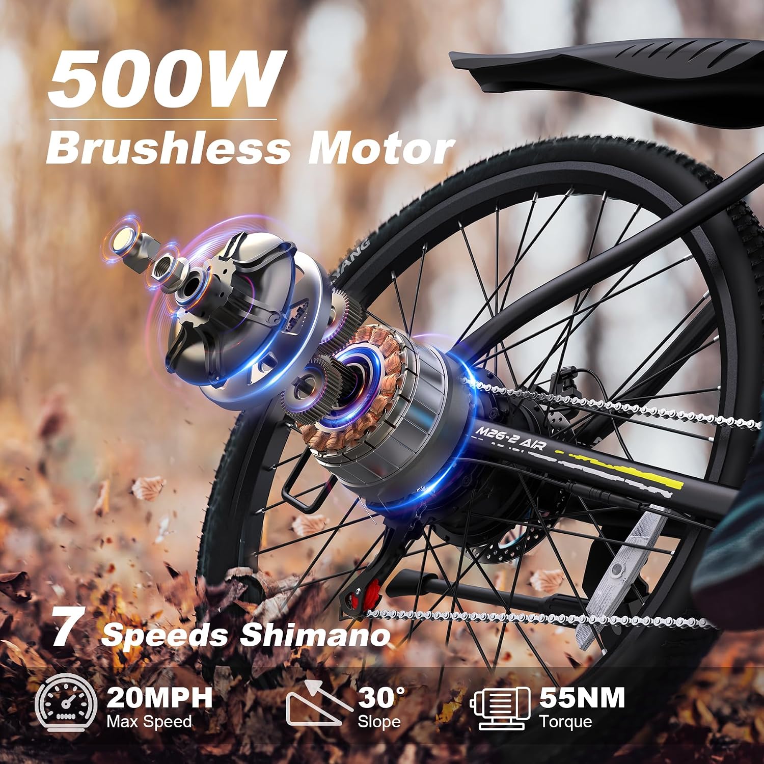 VARUN Electric Bike - 500W Peak Motor, 24/26' All-Terrain E-Bike, Up to 40 Miles & 20 MPH, Removable Battery, 7-Speed, Front Suspension, Dual Disc Brakes, with Free Accessory Pack