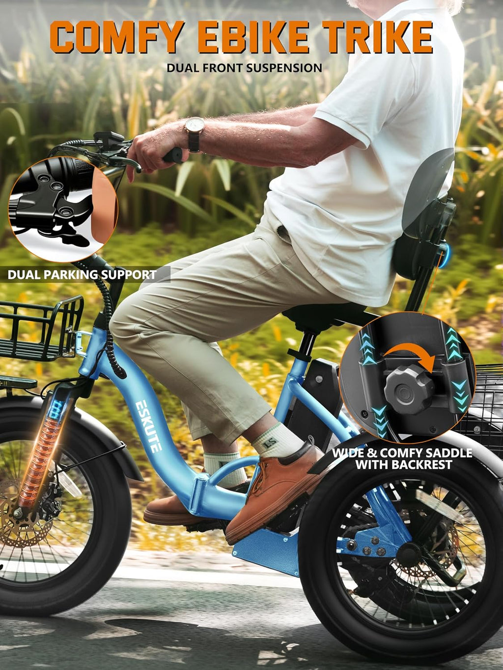 ESKUTE E Trike Electric Bike, Peak 1200W Brushless Motor Folding Trike 18X3.0 Fat Tire Ebike, 624Wh Removable Battery, Step-Thru 3 Wheel Electric Bicycle, Up to 55 Miles, 18MPH+ Tricycle for Adults