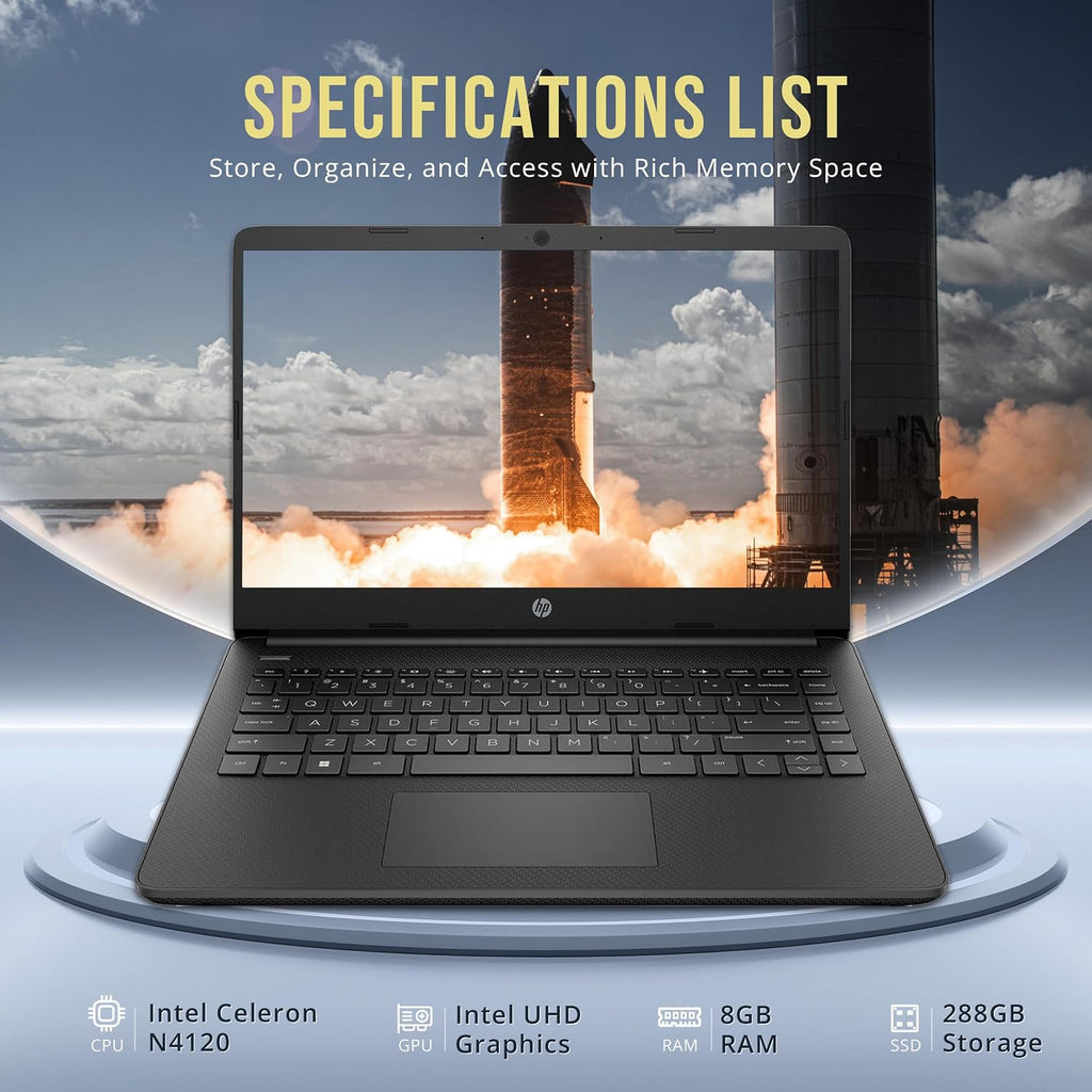 HP Stream 14' HD BrightView Laptop, Intel Celeron N4120, 8GB RAM, 288GB Storage (128GB eMMC + 160GB SSD Docking Station Set), Intel UHD Graphics, HD Webcam, Wi-Fi, 1 Year Office 365, Win 11 S, Black