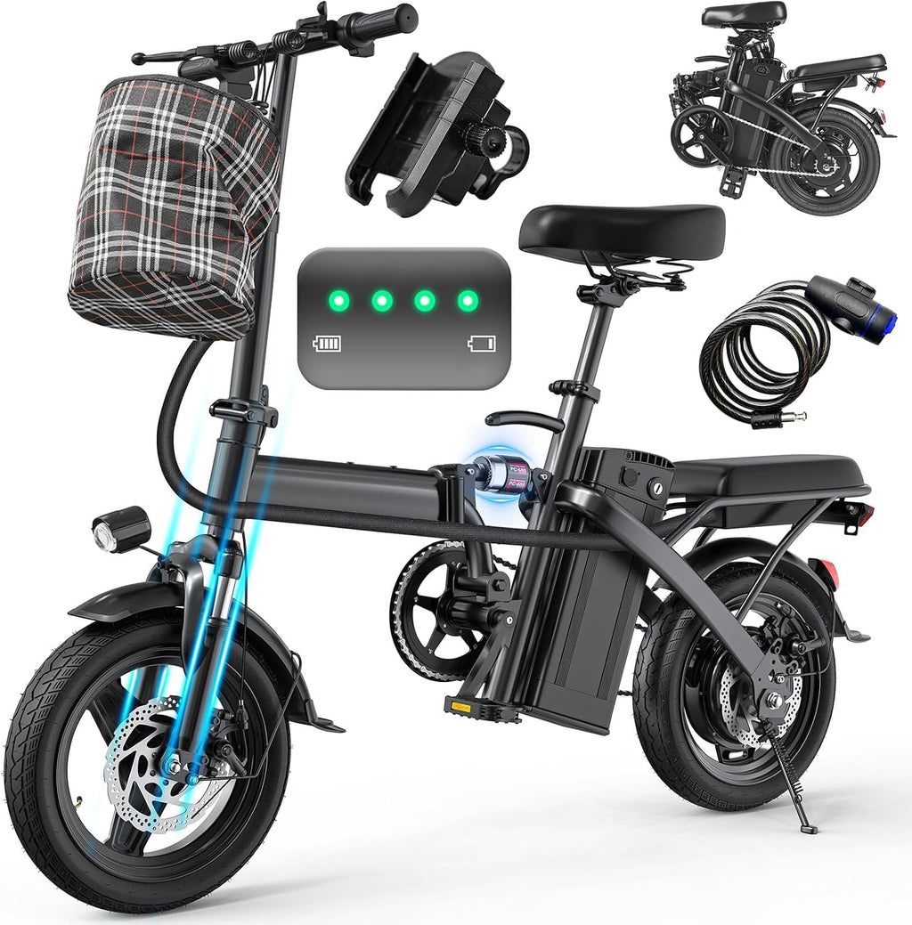 Electric Bike for Adults and Teens, 560W Motor 24MPH Compact Commuter Ebike, 32 Miles Range, 48V 10Ah Battery, 3 Shock Absorbers, 14' Mini Foldable Electric Bicycles with Basket, UL 2849 Certified