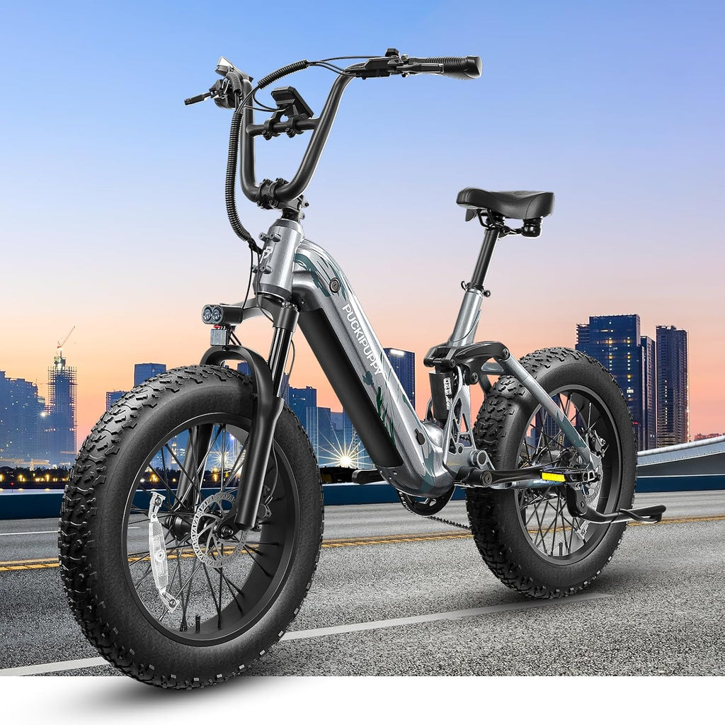 PUCKIPUPPY Electric Bike Mountain Ebike 20'' Fat Tire 7 Speed for Adults | 960W, 48V 20Ah Battery, Full Suspension, 28MPH, 80Miles Range, LCD Display