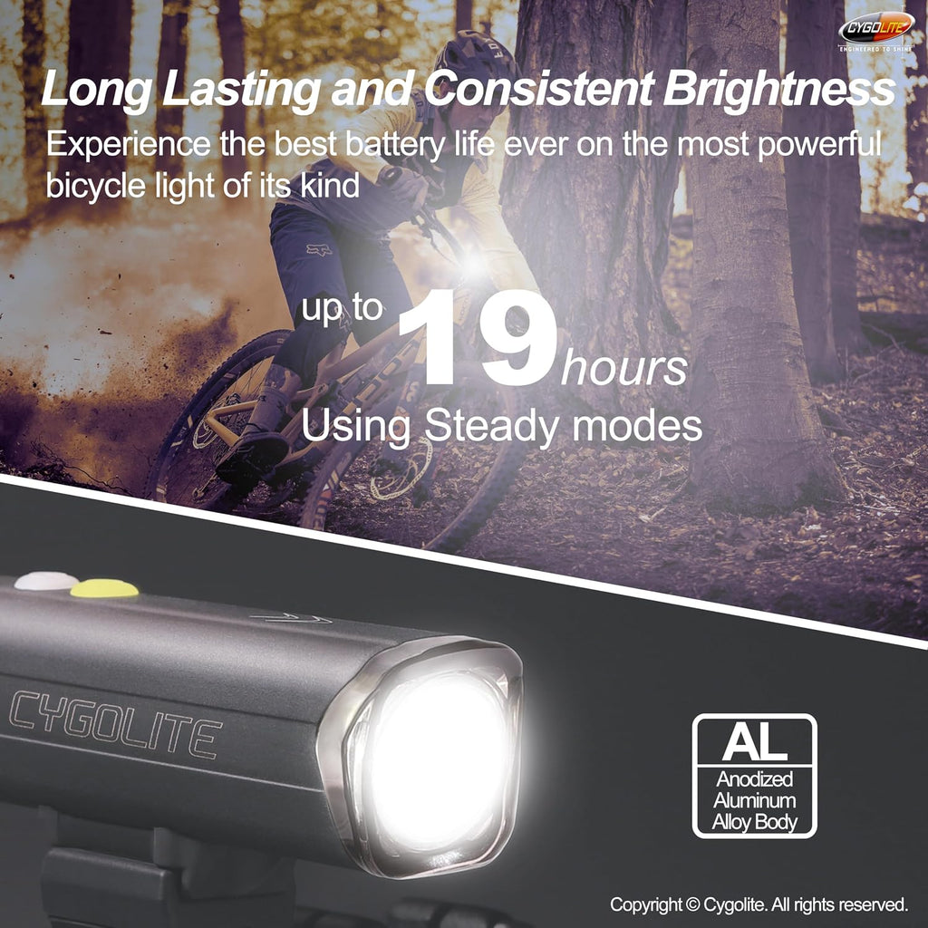 Cygolite Velocity 1600, 1200, 1000, 800 Lumen USB-C Bike Lights – Anodized Aluminum Alloy – 9 Light Modes – Fine Tunable Brightness - Compact, IP67 Waterproof – Hard Mount – Road & Mountain