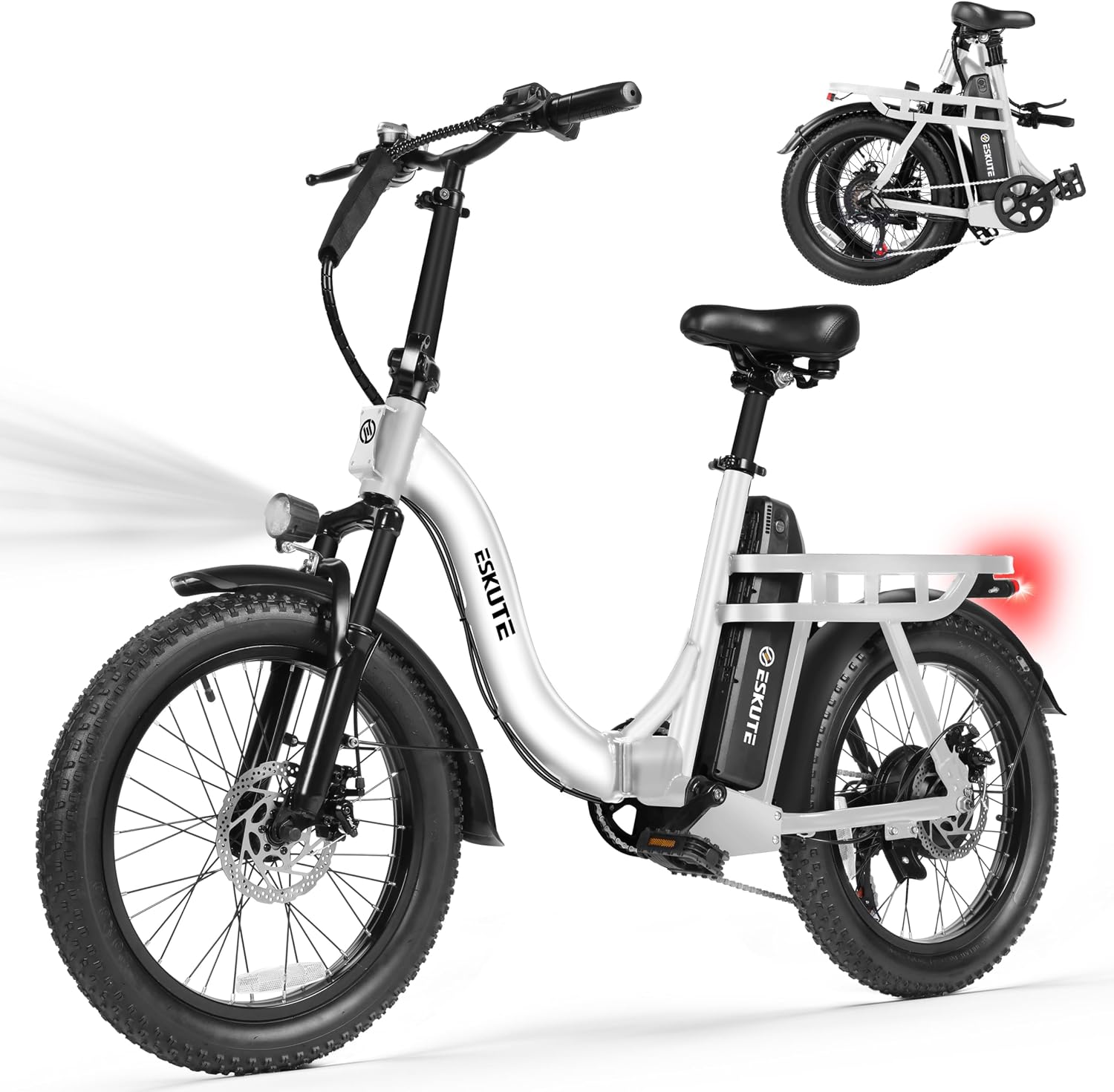 ESKUTE Electric Bike for Adults – 1200W Peak Motor, Folding 20x3 Fat Tire E‑Bike, 48V 10.4Ah Battery, Step‑Through Cargo Fold Ebike, NFC Unlock, 28 MPH, 7‑Speed, Up to 55 Miles