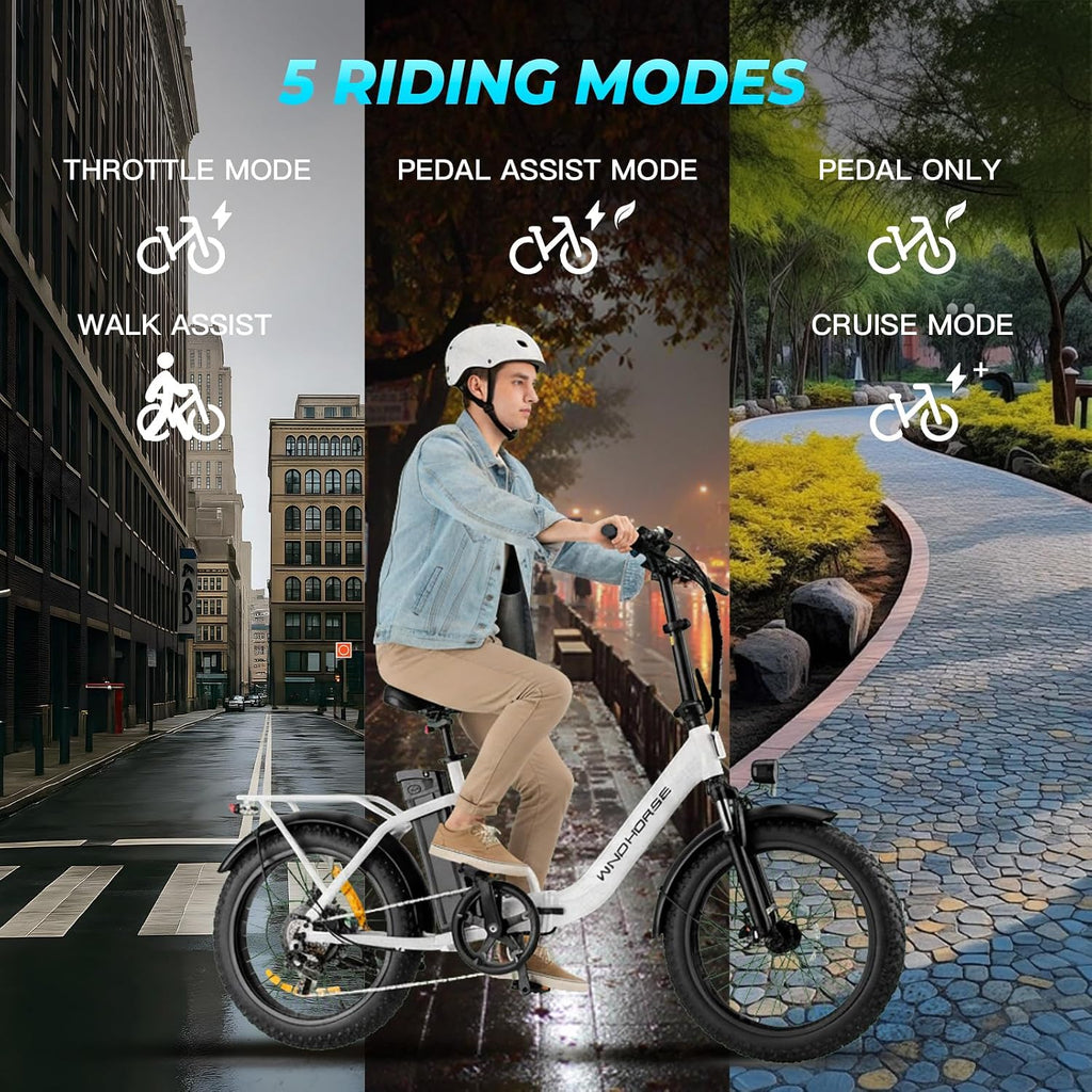 WINDHORSE 20' Folding Electric Bike, 983W Peak Motor, 20MPH, 40–70 Miles, 48V 748.8Wh Removable UL Battery, Front Suspension, Fat Tire E-Bike for Commuting, Beach, All -Terrain | Adults & Teens