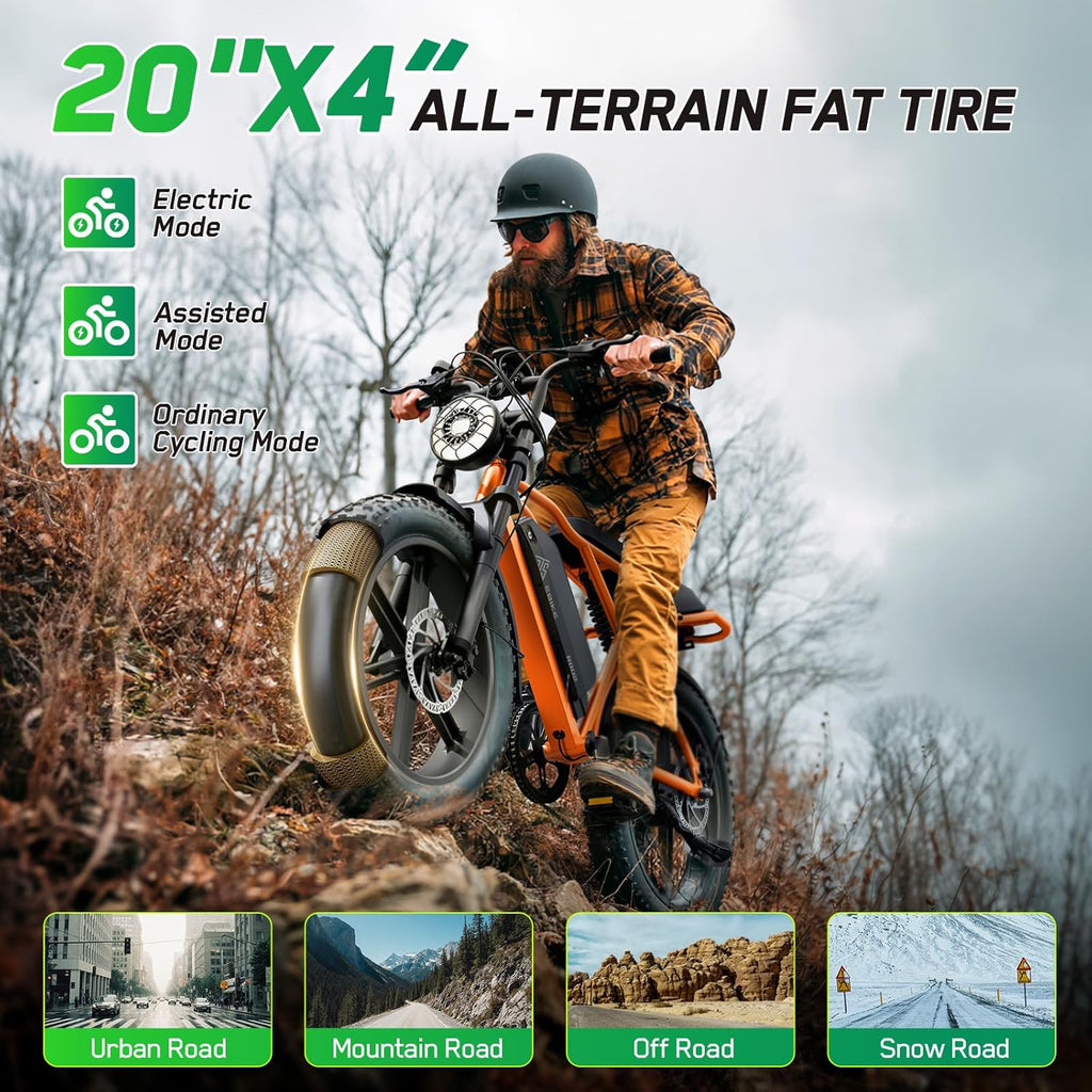 TST Electric Bike for Adults, 1500W Peak Motor 60/100 Miles Fat Tire Ebike with 48V 15Ah/25Ah Removable Battery 20' Fat Tire Electric Dirt Bike Full Suspension and 7-Speed