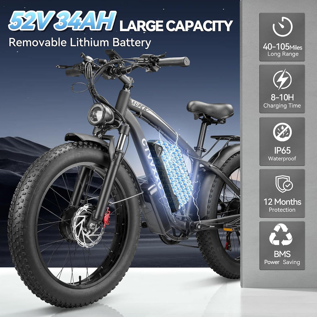 6000W Peak Dual Motor Ebike for Adults - 52V 34Ah Fast Electric Bike for Men Women 45 MPH,Up to 100 Miles,24' Fat Tire Lockable Suspension Electric Bicycle for Snow Off-Road Commuter Mountain E-Bike