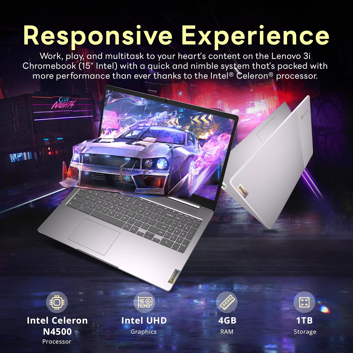 Lenovo IdeaPad 3i 15.6' FHD Chromebook, Intel Celeron N4500, 4GB LPDDR4x, 1TB Storage (64GB eMMC+1TB Docking Station Set), Intel UHD Graphics, Numeric Keypad, Wi-Fi 6, Chrome OS, Arctic Grey