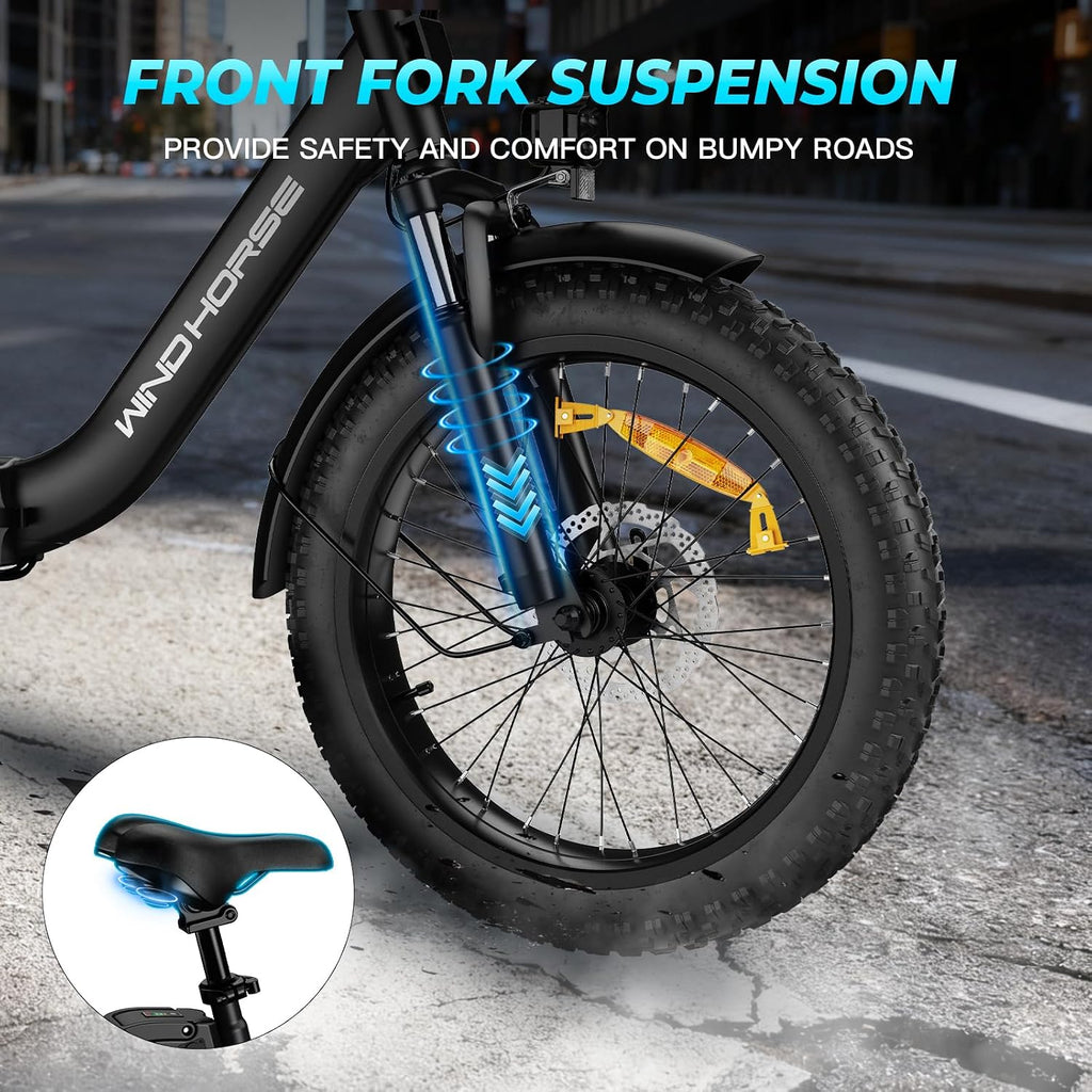 WINDHORSE 20' Folding Electric Bike, 983W Peak Motor, 20MPH, 40–70 Miles, 48V 748.8Wh Removable UL Battery, Front Suspension, Fat Tire E-Bike for Commuting, Beach, All -Terrain | Adults & Teens
