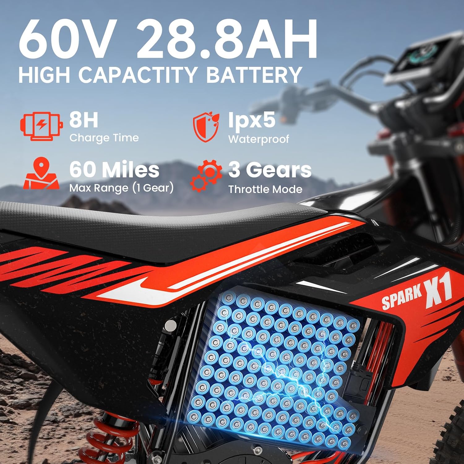 QRONGE X1 Spark Electric Dirt Bike, Electric-Bike with 60V 28.8Ah Battery, 50MPH, Electric Motorcycle for Mountain Off-Road Teens Adults(M)