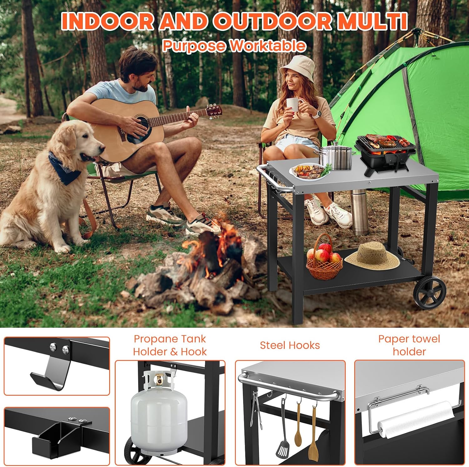 Double-Shelves Stainless Steel Flattop Grill Cart, Movable Kitchen Indoor & Outdoor Cooking Station, Fits Ninja/Ooni/Blackstone/Weber Q, Pizza Oven Food Prep Table for Party, 33.5'×21'