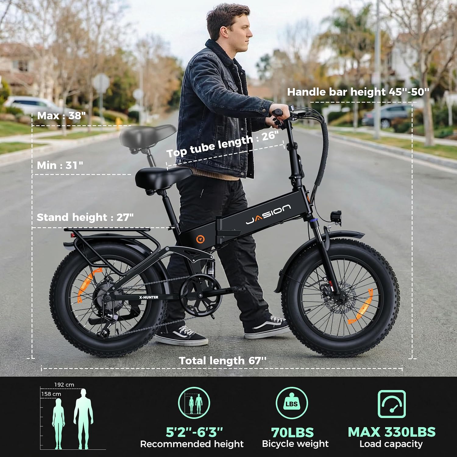 Jasion X Hunter/PRO Electric Bike for Adults,1800W/1400W Peak 20''Fat Tire Foldable Ebike,Folding E Bike Up to 80/70 Miles Range,720/624WH Removable Battery,30 MPH E Bike,Certified by UL2849