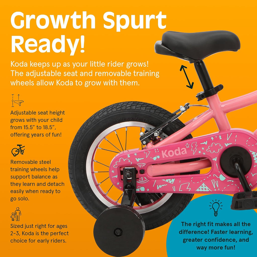 Retrospec Koda Plus Kids Bike for Boys & Girls Ages 2-3 Years - Children's Bicycle, Adjustable Seat & Handlebars, Removable Training Wheels, Front Hand Brakes, Rear Coaster Brake & Safety Bell